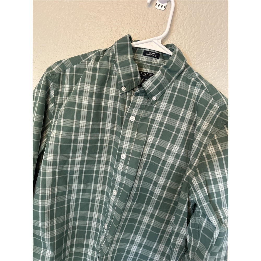 J Crew Flex Washed Men's Medium Slim Untucked Button Shirt Green Plaid Modern